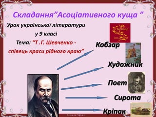 Складання”Асоціативного куща ”
Урок української літератури
у 9 класі
Тема: “Т .Г. Шевченко -
співець краси рідного краю”
Кобзар
Художник
Поет
Сирота
Кріпак
 