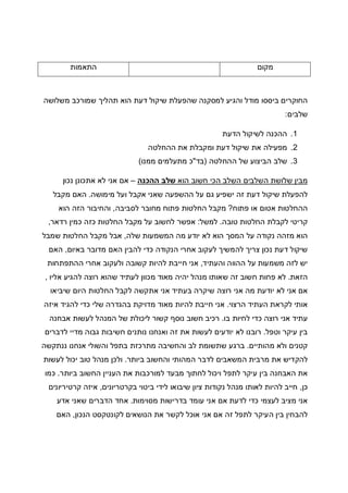 ‫מקום‬‫התאמות‬
‫משלושה‬ ‫שמורכב‬ ‫תהליך‬ ‫הוא‬ ‫דעת‬ ‫שיקול‬ ‫שהפעלת‬ ‫למסקנה‬ ‫והגיע‬ ‫מודל‬ ‫ביססו‬ ‫החוקרים‬
‫שלבים‬:
1.‫הדעת‬ ‫לשיקול‬ ‫ההכנה‬
2.‫מפעילה‬‫ההחלטה‬ ‫את‬ ‫ומקבלת‬ ‫דעת‬ ‫שיקול‬ ‫את‬
3.‫ההחלטה‬ ‫של‬ ‫הביצוע‬ ‫שלב‬)‫בד‬"‫ממנו‬ ‫מתעלמים‬ ‫כ‬(
‫הוא‬ ‫חשוב‬ ‫הכי‬ ‫השלב‬ ‫השלבים‬ ‫שלושת‬ ‫מבין‬‫ההכנה‬ ‫שלב‬–‫נכון‬ ‫אתכונן‬ ‫לא‬ ‫אני‬ ‫אם‬
‫מימושה‬ ‫ועל‬ ‫אקבל‬ ‫שאני‬ ‫ההשפעה‬ ‫על‬ ‫גם‬ ‫ישפיע‬ ‫זה‬ ‫דעת‬ ‫שיקול‬ ‫להפעלת‬.‫מקבל‬ ‫האם‬
‫פתוח‬ ‫או‬ ‫אטום‬ ‫ההחלטות‬?‫מחובר‬ ‫פתוח‬ ‫החלטות‬ ‫מקבל‬‫לסביבה‬,‫הוא‬ ‫הזה‬ ‫והחיבור‬
‫טובה‬ ‫החלטות‬ ‫לקבלת‬ ‫קריטי‬.‫למשל‬:‫רדאר‬ ‫כמין‬ ‫כזה‬ ‫החלטות‬ ‫מקבל‬ ‫על‬ ‫לחשוב‬ ‫אפשר‬,
‫שלה‬ ‫המשמעות‬ ‫מה‬ ‫יודע‬ ‫לא‬ ‫הוא‬ ‫המסך‬ ‫על‬ ‫נקודה‬ ‫מזהה‬ ‫הוא‬,‫שמבל‬ ‫החלטות‬ ‫מקבל‬ ‫אבל‬
‫באיום‬ ‫מדובר‬ ‫האם‬ ‫להבין‬ ‫כדי‬ ‫הנקודה‬ ‫אחרי‬ ‫לעקוב‬ ‫להמשיך‬ ‫צריך‬ ‫נכון‬ ‫דעת‬ ‫שיקול‬,‫האם‬
‫משמע‬ ‫לזה‬ ‫יש‬‫והעתיד‬ ‫ההווה‬ ‫על‬ ‫ות‬,‫ההתפתחות‬ ‫אחרי‬ ‫ולעקוב‬ ‫קשובה‬ ‫להיות‬ ‫חייבת‬ ‫אני‬
‫הזאת‬.‫אליו‬ ‫להגיע‬ ‫רוצה‬ ‫שהוא‬ ‫לעתיד‬ ‫מכוון‬ ‫מאוד‬ ‫יהיה‬ ‫מנהל‬ ‫שאותו‬ ‫זה‬ ‫חשוב‬ ‫פחות‬ ‫לא‬,
‫שיביאו‬ ‫היום‬ ‫החלטות‬ ‫לקבל‬ ‫אתקשה‬ ‫אני‬ ‫בעתיד‬ ‫שיקרה‬ ‫רוצה‬ ‫אני‬ ‫מה‬ ‫יודעת‬ ‫לא‬ ‫אני‬ ‫אם‬
‫הרצוי‬ ‫העתיד‬ ‫לקראת‬ ‫אותי‬.‫מ‬ ‫להיות‬ ‫חייבת‬ ‫אני‬‫איזה‬ ‫להגיד‬ ‫כדי‬ ‫שלי‬ ‫בהגדרה‬ ‫מדויקת‬ ‫אוד‬
‫בו‬ ‫לחיות‬ ‫כדי‬ ‫רוצה‬ ‫אני‬ ‫עתיד‬.‫אבחנה‬ ‫לעשות‬ ‫המנהל‬ ‫של‬ ‫ליכולת‬ ‫קשור‬ ‫נוסף‬ ‫חשוב‬ ‫רכיב‬
‫וטפל‬ ‫עיקר‬ ‫בין‬.‫לדברים‬ ‫מדיי‬ ‫גבוה‬ ‫חשיבות‬ ‫נותנים‬ ‫ואנחנו‬ ‫זה‬ ‫את‬ ‫לעשות‬ ‫יודעים‬ ‫לא‬ ‫רובנו‬
‫מהותיים‬ ‫ולא‬ ‫קטנים‬.‫א‬ ‫והשולי‬ ‫בתפל‬ ‫מתרכזת‬ ‫והחשיבה‬ ‫לב‬ ‫שתשומת‬ ‫ברגע‬‫ננתקשה‬ ‫נחנו‬
‫ביותר‬ ‫והחשוב‬ ‫המהותי‬ ‫לדבר‬ ‫המשאבים‬ ‫מרבית‬ ‫את‬ ‫להקדיש‬.‫לעשות‬ ‫יכול‬ ‫טוב‬ ‫מנהל‬ ‫ולכן‬
‫ביותר‬ ‫החשוב‬ ‫העניין‬ ‫את‬ ‫למורכבות‬ ‫מבעד‬ ‫לחתוך‬ ‫ויכול‬ ‫לתפל‬ ‫עיקר‬ ‫בין‬ ‫האבחנה‬ ‫את‬.‫כמו‬
‫כן‬,‫בקרטריונים‬ ‫ביטוי‬ ‫לידי‬ ‫שיבואו‬ ‫ציון‬ ‫נקודות‬ ‫מנהל‬ ‫לאותו‬ ‫להיות‬ ‫חייב‬,‫קרטיריונים‬ ‫איזה‬
‫מציב‬ ‫אני‬‫מסוימות‬ ‫בדרישות‬ ‫עומד‬ ‫אני‬ ‫אם‬ ‫לדעת‬ ‫כדי‬ ‫לעצמי‬.‫אדע‬ ‫שאני‬ ‫הדברים‬ ‫אחד‬
‫הנכון‬ ‫לקונטקסט‬ ‫הנושאים‬ ‫את‬ ‫לקשר‬ ‫אוכל‬ ‫אני‬ ‫אם‬ ‫זה‬ ‫לתפל‬ ‫העיקר‬ ‫בין‬ ‫להבחין‬,‫האם‬
 