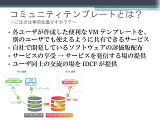 コミュニティテンプレートとは？
～ご注文は事前知識ですか？？～
• 各ユーザが作成した便利な VM テンプレートを、
別のユーザでも使えるように共有できるサービス
• 自社で開発しているソフトウェアの評価版配布
• サービスの享受 → サービスを発信する場の提供
• ユーザ同士の交流の場を IDCF が提供
 