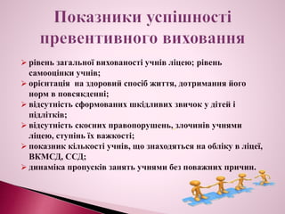  рівень загальної вихованості учнів ліцею; рівень
самооцінки учнів;
 орієнтація на здоровий спосіб життя, дотримання його
норм в повсякденні;
 відсутність сформованих шкідливих звичок у дітей і
підлітків;
 відсутність скоєних правопорушень, злочинів учнями
ліцею, ступінь їх важкості;
 показник кількості учнів, що знаходяться на обліку в ліцеї,
ВКМСД, ССД;
 динаміка пропусків занять учнями без поважних причин.
 