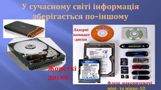 У сучасному світі інформація
зберігається по-іншому
Жорсткі
диски
Лазерні
компакт
-диски
Флеш-накопичувачі,
міні- та мікро-SD
 