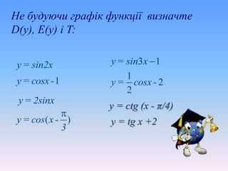 y= sin2x
Не будуючи графік функції визначте
D(у), E(у) і T:
1y= cosx-
y= 2sinx
( )y = cos x -
3

1
2
2
y = cosx -
3 1y= sin x 
y = сtg (x - π/4)
y = tg x +2
 