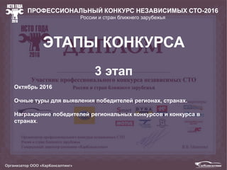 Организатор ООО КарКонсалтинг
МЕЖДУНАРОДНЫЙ ПРОФЕССИОНАЛЬНЫЙ КОНКУРС
НЕЗАВИСИМЫХ СТО
РАСШИРЕНА ГЕОГРАФИЯ
 