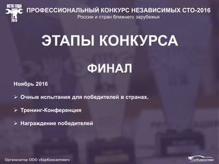 Организатор ООО КарКонсалтинг
Добавлено видео
МЕЖДУНАРОДНЫЙ ПРОФЕССИОНАЛЬНЫЙ КОНКУРС
НЕЗАВИСИМЫХ СТО
 