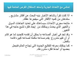 ‫فيها‬ ‫المتاحة‬ ‫الفرص‬ ‫الستغالل‬ ‫وأستعد‬ ‫الجارية‬ ‫األحداث‬ ‫مع‬ ‫تماشى‬
•‫مشار‬ ‫أفكار‬ ‫عن‬ ‫البحث‬ ‫بنيه‬ ‫األخبار‬ ‫وتشاهد‬ ‫تقرأ‬ ‫كنت‬ ‫أذا‬‫يع‬,
‫عقلك‬ ‫سيفجرها‬ ‫التي‬ ‫األفكار‬ ‫كميه‬ ‫من‬ ‫ستندهش‬.
•‫السوق‬ ‫اتجاهات‬ ‫تحديد‬ ‫على‬ ‫سيساعدك‬ ‫األحداث‬ ‫مجرى‬ ‫متابعه‬
‫من‬ ‫ويمكنك‬ ‫يحدث‬ ‫الذي‬ ‫والتغيير‬‫حاج‬ ‫تشبع‬ ‫فكره‬ ‫إيجاد‬‫هذا‬ ‫في‬ ‫ه‬
‫التغيير‬.
•‫ه‬ ‫لما‬ ‫كتجديد‬ ‫تقدمه‬ ‫أن‬ ‫يمكن‬ ‫ما‬ ‫ألصناعه‬ ‫أخبار‬ ‫في‬ ‫تجد‬ ‫وقد‬‫قائم‬ ‫و‬
‫مشروع‬ ‫تقيم‬ ‫أن‬ ‫أو‬‫قائ‬ ‫كبيره‬ ‫لصناعه‬ ‫مكمله‬ ‫صناعه‬ ‫يقدم‬‫مه‬
‫بالفعل‬.
•‫ف‬ ‫العالم‬ ‫تجتاح‬ ‫التي‬ ‫الجديدة‬ ‫التقاليع‬ ‫معرفه‬ ‫يمكنك‬ ‫كما‬‫تجعل‬
‫مشروعك‬ ‫فكره‬ ‫أحدها‬ ‫أو‬ ‫بعضها‬.
1/20/2016
‫م‬ ‫االخصائي‬ ‫المدرب‬ ‫وتقديم‬ ‫اعداد‬.‫مطر‬ ‫الفاتح‬
0123882576
 
