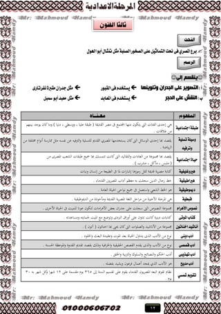 12
ٛ‫اهل‬ٛ‫أب‬ٍ‫متجا‬ٌ‫َج‬١‫ايكًب‬‫ايكدٛض‬٢ً‫ع‬ٌٝ‫ايتُاث‬‫ضتت‬٢‫ؾ‬ٟ‫املكط‬‫بطع‬ٍ
ٌٝ‫إ‬ ُ‫٠ٕمغ‬
)‫أ‬‫ٚرٍٛ٠ٕٙب‬ ْ‫اٌجذسا‬ ٍٝ‫ػ‬ ‫اٌزظٛ٠ش‬‫ايكبٛض‬٢‫ؾ‬ّ‫ٜػتدس‬٣‫ْؿطتاض‬٠‫َكرب‬ٕ‫دسضا‬ٌ‫َج‬
)‫ب‬‫اٌذجش‬ ٍٝ‫ػ‬ ‫إٌمش‬‫املعابس‬٢‫ؾ‬ّ‫ٜػتدس‬ٌ‫مسب‬ٛ‫أب‬‫َعبس‬ ٌ‫َج‬
١ٝ‫ادتُاع‬١‫طبك‬
‫القدمية‬ ‫مصر‬ ‫ىف‬ ‫اجملتمع‬ ‫منها‬ ‫يتكون‬ ‫اليت‬ ‫الفئات‬ ‫إحدى‬ ‫هي‬‫بينهم‬ ‫يوجد‬ ‫كان‬‫وما‬ ) ‫دنيا‬ , ‫ووسطي‬ , ‫عليا‬ ‫طبقة‬ (
. ‫عالقات‬ ‫من‬
١ًٝ‫تػ‬١ًٝ‫ٚغ‬
٘ٝ‫ٚتطؾ‬
‫من‬ ‫خمتلفة‬ ‫اع‬‫و‬‫أن‬ ‫ممارسة‬ ‫مثل‬ ‫نفسه‬ ‫عن‬ ‫الًتفيه‬‫و‬ ‫للتسلية‬ ‫القدمي‬ ‫ادلصري‬ ‫يستخدمها‬ ‫كان‬‫الىت‬ ‫الوسائل‬ ‫إحدى‬ ‫هبا‬ ‫يقصد‬
. ‫ايضة‬‫ر‬‫ال‬
٠‫سٝا‬١ٝ‫ادتُاع‬
‫من‬ ‫ادلصرى‬ ‫الشعب‬ ‫طبقات‬ ‫مجيع‬ ‫هبا‬ ‫تتمسك‬ ‫كانت‬‫الىت‬ ‫التقاليد‬‫و‬ ‫العادات‬ ‫من‬ ‫جمموعة‬ ‫هبا‬ ‫يقصد‬
. ) ‫مشرب‬ , ‫مأكل‬ , ‫ملبس‬ (
١ٝ‫ٖريٚغًٝؿ‬‫ونبات‬ ‫إنسان‬ ‫من‬ ‫الطبيعة‬ ‫ىف‬ ‫دلا‬ ‫ات‬‫ر‬‫إشا‬ ‫رموزها‬ ‫متثل‬ ‫قدمية‬ ‫ية‬‫ر‬‫مص‬ ‫كتابة‬
١ٝ‫ٖرياطٝك‬‫يني‬‫ر‬‫ادلص‬ ‫آداب‬ ‫معظم‬ ‫به‬ ‫سجلت‬ ‫الدين‬ ‫رجال‬ ‫خط‬. ‫القدماء‬
١ٝ‫زميٛطٝك‬. ‫العامة‬ ‫احلياة‬ ‫احى‬‫و‬‫ن‬ ‫مجيع‬ ‫ىف‬ ‫استعمل‬‫و‬ ‫الشعيب‬ ‫اخلط‬ ‫هو‬
١ٝ‫قبط‬. ‫الدميوطيقية‬ ‫من‬ ‫ومأخوذة‬ ‫القدمية‬ ‫ية‬‫ر‬‫ادلص‬ ‫اللغة‬ ‫احل‬‫ر‬‫م‬ ‫من‬ ‫األخرية‬ ‫ادلرحلة‬ ‫هى‬
ّ‫ا٭ٖطا‬‫ْكٛم‬. ‫األخرى‬ ‫احلياة‬ ‫ىف‬ ‫للميت‬ ‫عوان‬ ‫لتكون‬ ‫امات‬‫ر‬‫األه‬ ‫بعض‬ ‫ان‬‫ر‬‫جد‬ ‫على‬ ‫سجلت‬ ‫الىت‬ ‫النصوص‬ ‫جمموعة‬
٢‫املٛت‬‫نتاب‬. ‫ومساعدته‬ ‫حلمايته‬ ‫ادليت‬ ‫مع‬ ‫وتوضع‬ ‫الربدى‬ ‫اق‬‫ر‬‫أو‬ ‫على‬ ‫تدون‬ ‫كانت‬‫دينية‬ ‫كتاابت‬
ٕٛ‫اخٓات‬‫أْاؾٝس‬. ) ‫آتون‬ ( ‫اخناتون‬ ‫هبا‬ ‫حيىي‬ ‫كان‬‫الىت‬ ‫ات‬‫و‬‫الصل‬‫و‬ ‫األانشيد‬ ‫من‬ ‫جمموعة‬
٢ٜٓ‫ز‬‫أزب‬. ‫اخللود‬‫و‬ ‫البعث‬ ‫وعقيدة‬ ‫ادلوت‬ ‫بعد‬ ‫احلياة‬ ‫يتناول‬ ‫الذى‬ ‫األدب‬ ‫من‬ ‫نوع‬
٢‫قكك‬‫أزب‬‫نوع‬. ‫احلسنة‬ ‫ادلوعظة‬‫و‬ ‫القدوة‬ ‫تقدمي‬ ‫بقصد‬ ‫وذلك‬ ‫افية‬‫ر‬‫اخل‬‫و‬ ‫احلقيقية‬ ‫القصص‬ ‫يقدم‬ ‫الذى‬‫و‬ ‫األدب‬ ‫من‬
٢‫تٗصٜب‬‫أزب‬. ‫اخللق‬‫و‬ ‫الًتبية‬‫و‬ ‫السلوك‬‫و‬ ‫النصائح‬‫و‬ ‫احلكم‬ ‫أدب‬
‫َسٜض‬‫أزب‬. ‫بفضله‬ ‫ويشيد‬ ‫فرعون‬ ‫أعمال‬ ‫ميجد‬ ‫الذي‬ ‫األدب‬ ‫هو‬
ٞ‫مشػ‬ِٜٛ‫تك‬
‫إىل‬ ‫السنة‬ ‫تقسيم‬ ‫على‬ ‫يقوم‬ ‫القدماء‬ ‫يون‬‫ر‬‫ادلص‬ ‫اتبعه‬ ‫تقومي‬ ‫نظام‬563‫على‬ ‫مقسمة‬ ‫يوم‬21‫به‬ ‫شهر‬ ‫كل‬‫و‬ ‫ا‬‫ر‬‫شه‬53
. ‫يوم‬
 