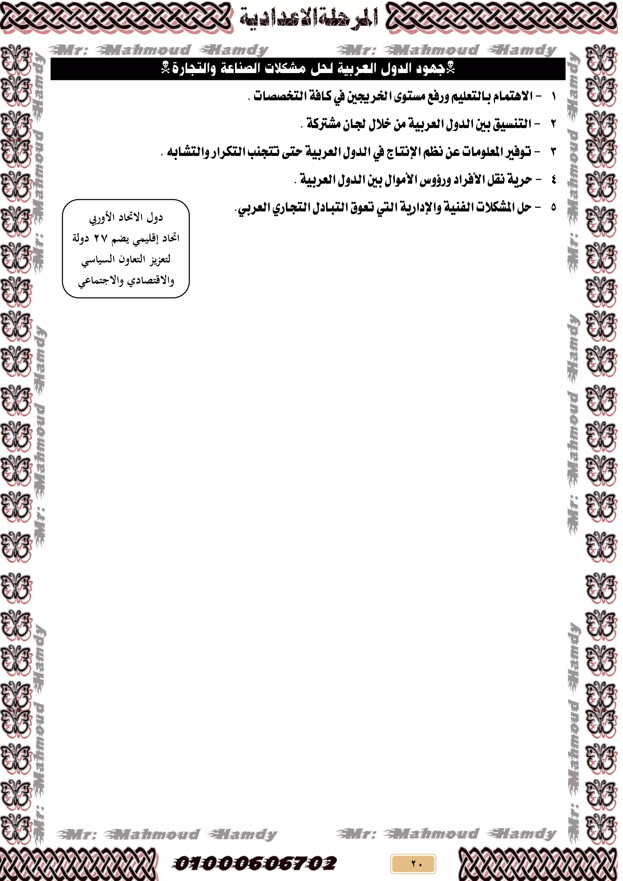 20

1-‫ارتشدنني‬٣ٛ‫َظت‬‫ٚسفع‬ًِٝ‫بايتع‬ّ‫االٖتُا‬‫يف‬.‫ايتدــات‬١‫ناف‬
2-.١‫َؼرتن‬ٕ‫دتا‬ٍ‫خال‬َٔ١ٝ‫ايعشب‬ٍٚ‫ايذ‬‫بني‬‫ايتٓظٝل‬
3-ِ‫ْظ‬ٔ‫ع‬‫املعًَٛات‬‫تٛفري‬‫اإلْتاز‬‫يف‬‫ايتهشاس‬‫تتذٓب‬٢‫ست‬١ٝ‫ايعشب‬ٍٚ‫ايذ‬٘‫ٚايتؼاب‬.
4-ٌ‫ْك‬١ٜ‫سش‬‫األفشاد‬‫ٚسؤٚغ‬ٍ‫األَٛا‬.١ٝ‫ايعشب‬ٍٚ‫ايذ‬‫بني‬
5-١ٝٓ‫ايف‬‫املؼهالت‬ٌ‫س‬١ٜ‫ٚاإلداس‬‫اييت‬ٍ‫ايتباد‬‫تعٛم‬‫ا‬ٟ‫يتذاس‬.ٞ‫ايعشب‬
‫األوريب‬ ‫االحتاد‬ ‫دول‬
‫يضم‬ ‫إقليمي‬ ‫احتاد‬27‫دولة‬
‫السياسي‬ ‫التعاون‬ ‫لتعزيز‬
‫واالجتماعي‬ ‫واالقتصادي‬
‫اليورو‬ ‫وعملته‬
 