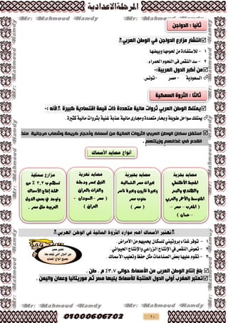 10
ٓ‫اٌذٚاخ‬ ‫ِضاسع‬ ‫أزشبس‬ٟ‫ف‬ٓ‫اٌٛط‬ٟ‫اٌؼشث‬
1-‫ٚبٝلٗا‬‫ذتَٛٗا‬َٔ٠‫يالطتفاد‬
2-.٤‫اذتُشا‬ّٛ‫ايًش‬٢‫ف‬‫ايٓكف‬‫طذ‬
ِٓٚ‫اٌذ‬ ‫أوجش‬‫ي‬:‫اٌؼشث١خ‬-
١ٜ‫ايظعٛد‬-‫َـش‬-.‫تْٛع‬
ٓ‫اٌٛط‬ ‫٠ّزٍه‬ٟ‫اٌؼشث‬‫وج١شح‬ ‫الزصبد٠خ‬ ‫ل١ّخ‬ ‫راد‬ ‫ِزؼذدح‬ ‫ِبئ١خ‬ ‫ثشٚاد‬ٗٔ‫أل‬:-
١ٝ٥‫َا‬٣‫ٚزتاس‬٠‫َتعذد‬‫ٚحباس‬١ًٜٛ‫ط‬ٌ‫طٛاس‬‫ميتًو‬١ٝٓ‫غ‬١‫عزب‬.٠‫نجري‬١ٝ٥‫َا‬‫بجشٚات‬
ٍ‫انىط‬ ٌ‫سكا‬ ‫استغم‬‫انعزتي‬‫انثزواخ‬‫ي‬ ‫انًائيح‬ٍ‫يُذ‬ ‫يزجاَيح‬ ‫وشعاب‬ ‫كزيًح‬ ‫وأحجار‬ ‫أسًاك‬
‫انقدو‬‫في‬‫وسيُتهى‬ ‫غذائهى‬.

1-٤‫غزا‬‫تٛفش‬‫بشٚتٝين‬.‫األَشاض‬َُِٔٗٝ‫ذن‬ٕ‫يًظها‬
2-‫ايٓكف‬‫تعٛض‬‫يف‬‫اإلْتاز‬ٞ‫ايضساع‬‫ٚاإلْتاز‬ْٞ‫اذتٝٛا‬.
3-ّٛ‫تك‬‫ٚتعًٝب‬‫سفظ‬ٌ‫َج‬‫ايـٓاعات‬‫بعض‬‫عًٝٗا‬‫األمساى‬.
ٓ‫اٌٛط‬ ‫إٔزبج‬ ‫ثٍغ‬ٟ‫اٌؼشث‬ٌٝ‫دٛا‬ ‫األعّبن‬ ِٓ7.5. ٓ‫ط‬ . َ %
‫اٌّغشة‬ ‫رؼزجش‬ٌٝٚ‫أ‬‫إٌّزجخ‬ ‫اٌذٚي‬‫ٌألعّبن‬ّٓ١ٌ‫ٚا‬ ْ‫ٚػّب‬ ‫ِٛس٠زبٔ١ب‬ ُ‫ث‬ ‫ِصش‬ ‫٠ٍ١ٙب‬.
‫احمليط‬‫األطمٍطي‬
‫واهلٍدي‬‫والبخر‬
‫املتوسط‬‫واألمحر‬‫والعربي‬
‫املغرب‬ (–‫وصر‬–
–) ُ‫عىا‬
‫الشىالية‬ ‫وصر‬ ‫حبريات‬
‫ٌاصر‬ ‫وحبرية‬ ُ‫قارو‬ ‫وحبرية‬
‫وصر‬ ‫جٍوب‬
) ‫وصر‬ (
‫ودجمة‬ ‫مبصر‬ ‫الٍين‬
‫بالعراق‬ ‫والفرات‬
‫وصر‬ (-ُ‫السودا‬-
) ‫العراق‬
‫ب‬ ‫تسهي‬3.3َ‫و‬ %
‫مجمة‬‫إٌتاج‬‫األمساك‬
‫وتوجد‬‫يف‬‫الدوه‬ ‫بعض‬
‫العربية‬‫وصر‬ ‫وجن‬.
ٓ‫اٌذٚاخ‬ : ‫ثبٔ١ب‬
‫اٌغّى١خ‬ ‫اٌثشٚح‬ : ‫ثبٌثب‬
 