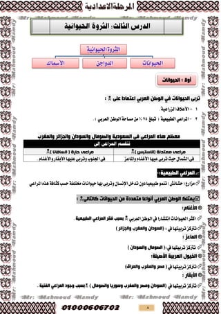 8
‫اٌذ١ٛأبد‬ ٝ‫رشث‬ٟ‫ف‬ٓ‫اٌٛط‬ٟ‫اٌؼشث‬ٍٝ‫ػ‬ ‫اػزّبدا‬:
1-‫األعالف‬.١ٝ‫ايضساع‬
2-ٞ‫املشاع‬‫تبًؼ‬( ١ٝ‫ايطبٝع‬25ٔ‫ايٛط‬١‫َظاس‬َٔ%ٞ‫ايعشب‬.)
ٖ‫٘ز‬ ُ‫ِؼظ‬ٟ‫اٌّشاػ‬ٟ‫ف‬‫ٚاٌّغشة‬ ‫ٚاٌجضائش‬ ْ‫ٚاٌغٛدا‬ ‫ٚاٌصِٛبي‬ ‫اٌغؼٛد٠خ‬
) ‫(االستثس‬ ‫يعتدنح‬ ً‫يزاع‬) ‫انسافاَا‬ ( ‫حارج‬ ً‫يزاع‬
٢‫ف‬‫ٚاملاعض‬ّ‫األغٓا‬‫عٝٗا‬٢‫تشب‬‫سٝح‬ٍ‫ايؼُا‬‫عًٝٗا‬٢‫ٚتشب‬‫ادتٓٛب‬٢‫ف‬‫ٚاألغٓا‬‫األبكاس‬ّ.
ٟ‫اٌّشاػ‬:‫اٌطج١ؼ١خ‬-
‫سظب‬١‫شتتًف‬‫سٝٛاْات‬‫بٗا‬٢‫ٚتشب‬ٕ‫اإلْظا‬ٌ‫تذخ‬ٕٚ‫د‬‫طبٝعٝا‬ُٛٓ‫ت‬)‫(سؼا٥ؽ‬‫َضاسع‬ٙ‫ٖز‬١‫نجاف‬ٞ‫املشاع‬
ٓ‫اٌٛط‬ ‫٠ّزٍه‬ٟ‫اٌؼشث‬ٌٝ‫وبٌزب‬ ‫اٌذ١ٛأبد‬ ِٓ ‫ِزؼذدح‬ ‫أٔٛاػب‬:
®َ‫األغٕب‬:
‫اْتؼاسا‬‫اذتٝٛاْات‬‫انجش‬‫يف‬ٔ‫ايٛط‬ٞ‫ايعشب‬‫فمش‬ ‫ثغجت‬ٟ‫اٌّشاػ‬‫اٌطج١ؼ١خ‬.
‫تشبٝتٗا‬‫ترتنض‬‫يف‬:) ‫ٚاٌجضائش‬ ‫ٚاٌّغشة‬ ْ‫(اٌغٛدا‬
®‫اٌّبػض‬:
‫تشبٝتٗا‬‫ترتنض‬:‫يف‬) ْ‫ٚاٌغٛدا‬ ‫اٌصِٛبي‬ (
®‫اٌؼشث١خ‬ ‫اٌخ١ٛي‬:‫األص١ٍخ‬
‫تشبٝتٗا‬‫ترتنض‬‫يف‬)‫ٚاٌؼشاق‬ ‫ٚاٌّغشة‬ ‫ِصش‬ (
®‫األثمبس‬:
‫تشبٝتٗا‬‫ترتنض‬‫يف‬) ‫ٚاٌصِٛبي‬ ‫ٚعٛس٠ب‬ ‫ٚاٌّغشة‬ ‫ِٚصش‬ ْ‫(اٌغٛدا‬‫ٚخٛد‬ ‫ثغجت‬ٟ‫اٌّشاػ‬. ‫اٌغٕ١خ‬
‫اٌذ١ٛأبد‬ : ‫أٚال‬
 