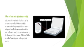 อินฟราเรด (infrared)
เป็นการสื่อสารโดยใช้คลื่นแลงที่ไม่
สามารถมองเห็นได้ด้วยตาเปล่า
สามารถส่งข้อมูลระยะไม่ไกล การส่ง
ข้อมูลด้วยคลื่นอินฟราเรดต้องส่งใน
แนวเส้นตรง และไม่สามารถมองทะลุ
สิ่งกีดขวางที่มีความหนาได้ นิยมใช้ใน
การถ่ายโอนข้อมูลสาหรับอุปกรณ์
พกพา
 
