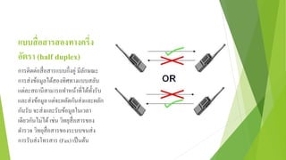 แบบสื่อสารสองทางครึ่ง
อัตรา (half duplex)
การติดต่อสื่อสารแบบกึ่งคู่ มีลักษณะ
การส่งข้อมูลได้สองทิศทางแบบสลับ
แต่ละสถานีสามารถทาหน้าที่ได้ทั้งรับ
และส่งข้อมูล แต่จะผลัดกันส่งและผลัก
กันรับ จะส่งและรับข้อมูลในเวลา
เดียวกันไม่ได้ เช่น วิทยุสื่อสารของ
ตารวจ วิทยุสื่อสารของระบบขนส่ง
การรับส่งโทรสาร (Fax) เป็นต้น
 
