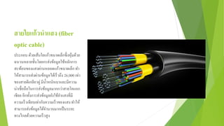 สายใยแก้วนาแสง (fiber
optic cable)
ประกอบ ด้วยเส้นใยแก้วขนาดเล็กซึ่งหุ้มด้วย
ฉนวนหลายชั้นโดยกรส่งข้อมูลใช้หลักการ
สะท้อนของแสงผ่านหลอดแก้วขนาดเล็กทา
ให้สามารถส่งผ่านข้อมูลได้เร็วถึง 26,000 เท่า
ของสายตีเกลียวคู่ มีน้าหนักเบาและมีความ
น่าเชื่อถือในการส่งข้อมูลมากกว่าสายโคแอก
เชียล อีกทั้งการส่งข้อมูลยังใช้ลาแสงที่มี
ความเร็วเทียบเท่ากับความเร็วของแสง ทาให้
สามารถส่งข้อมูลได้จานวนมากเป็นระยะ
ทางไกลด้วยความเร็วสูง
 
