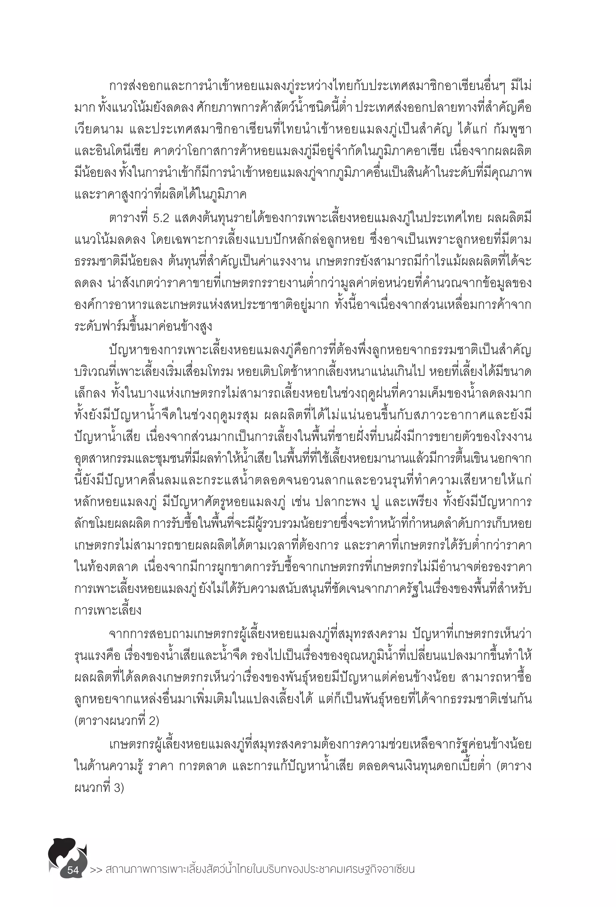 >> สถานภาพการเพาะเลี้ยงสัตว์น�้ำไทยในบริบทของประชาคมเศรษฐกิจอาเซียน54
	 การส่งออกและการน�ำเข้าหอยแมลงภู่ระหว่างไทยกับประเทศสมาชิกอาเซียนอื่นๆ มีไม่
มากทั้งแนวโน้มยังลดลงศักยภาพการค้าสัตว์น�้ำชนิดนี้ต�่ำ ประเทศส่งออกปลายทางที่ส�ำคัญคือ
เวียดนาม และประเทศสมาชิกอาเซียนที่ไทยน�ำเข้าหอยแมลงภู่เป็นส�ำคัญ ได้แก่ กัมพูชา
และอินโดนีเซีย คาดว่าโอกาสการค้าหอยแมลงภู่มีอยู่จ�ำกัดในภูมิภาคอาเซีย เนื่องจากผลผลิต
มีน้อยลงทั้งในการน�ำเข้าก็มีการน�ำเข้าหอยแมลงภู่จากภูมิภาคอื่นเป็นสินค้าในระดับที่มีคุณภาพ
และราคาสูงกว่าที่ผลิตได้ในภูมิภาค
	 ตารางที่ 5.2 แสดงต้นทุนรายได้ของการเพาะเลี้ยงหอยแมลงภู่ในประเทศไทย ผลผลิตมี
แนวโน้มลดลง โดยเฉพาะการเลี้ยงแบบปักหลักล่อลูกหอย ซึ่งอาจเป็นเพราะลูกหอยที่มีตาม
ธรรมชาติมีน้อยลง ต้นทุนที่ส�ำคัญเป็นค่าแรงงาน เกษตรกรยังสามารถมีก�ำไรแม้ผลผลิตที่ได้จะ
ลดลง น่าสังเกตว่าราคาขายที่เกษตรกรรายงานต�่ำกว่ามูลค่าต่อหน่วยที่ค�ำนวณจากข้อมูลของ
องค์การอาหารและเกษตรแห่งสหประชาชาติอยู่มาก ทั้งนี้อาจเนื่องจากส่วนเหลื่อมการค้าจาก
ระดับฟาร์มขึ้นมาค่อนข้างสูง
	 ปัญหาของการเพาะเลี้ยงหอยแมลงภู่คือการที่ต้องพึ่งลูกหอยจากธรรมชาติเป็นส�ำคัญ
บริเวณที่เพาะเลี้ยงเริ่มเสื่อมโทรม หอยเติบโตช้าหากเลี้ยงหนาแน่นเกินไป หอยที่เลี้ยงได้มีขนาด
เล็กลง ทั้งในบางแห่งเกษตรกรไม่สามารถเลี้ยงหอยในช่วงฤดูฝนที่ความเค็มของน�้ำลดลงมาก
ทั้งยังมีปัญหาน�้ำจืดในช่วงฤดูมรสุม ผลผลิตที่ได้ไม่แน่นอนขึ้นกับสภาวะอากาศและยังมี
ปัญหาน�้ำเสีย เนื่องจากส่วนมากเป็นการเลี้ยงในพื้นที่ชายฝั่งที่บนฝั่งมีการขยายตัวของโรงงาน
อุตสาหกรรมและชุมชนที่มีผลท�ำให้น�้ำเสียในพื้นที่ที่ใช้เลี้ยงหอยมานานแล้วมีการตื้นเขินนอกจาก
นี้ยังมีปัญหาคลื่นลมและกระแสน�้ำตลอดจนอวนลากและอวนรุนที่ท�ำความเสียหายให้แก่
หลักหอยแมลงภู่ มีปัญหาศัตรูหอยแมลงภู่ เช่น ปลากะพง ปู และเพรียง ทั้งยังมีปัญหาการ
ลักขโมยผลผลิตการรับซื้อในพื้นที่จะมีผู้รวบรวมน้อยรายซึ่งจะท�ำหน้าที่ก�ำหนดล�ำดับการเก็บหอย
เกษตรกรไม่สามารถขายผลผลิตได้ตามเวลาที่ต้องการ และราคาที่เกษตรกรได้รับต�่ำกว่าราคา
ในท้องตลาด เนื่องจากมีการผูกขาดการรับซื้อจากเกษตรกรที่เกษตรกรไม่มีอ�ำนาจต่อรองราคา
การเพาะเลี้ยงหอยแมลงภู่ยังไม่ได้รับความสนับสนุนที่ชัดเจนจากภาครัฐในเรื่องของพื้นที่ส�ำหรับ
การเพาะเลี้ยง
	 จากการสอบถามเกษตรกรผู้เลี้ยงหอยแมลงภู่ที่สมุทรสงคราม ปัญหาที่เกษตรกรเห็นว่า
รุนแรงคือ เรื่องของน�้ำเสียและน�้ำจืด รองไปเป็นเรื่องของอุณหภูมิน�้ำที่เปลี่ยนแปลงมากขึ้นท�ำให้
ผลผลิตที่ได้ลดลงเกษตรกรเห็นว่าเรื่องของพันธุ์หอยมีปัญหาแต่ค่อนข้างน้อย สามารถหาซื้อ
ลูกหอยจากแหล่งอื่นมาเพิ่มเติมในแปลงเลี้ยงได้ แต่ก็เป็นพันธุ์หอยที่ได้จากธรรมชาติเช่นกัน
(ตารางผนวกที่ 2)
	 เกษตรกรผู้เลี้ยงหอยแมลงภู่ที่สมุทรสงครามต้องการความช่วยเหลือจากรัฐค่อนข้างน้อย
ในด้านความรู้ ราคา การตลาด และการแก้ปัญหาน�้ำเสีย ตลอดจนเงินทุนดอกเบี้ยต�่ำ (ตาราง
ผนวกที่ 3)
 