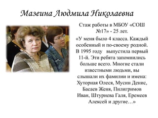 Мазеина Людмила Николаевна
Стаж работы в МБОУ «СОШ
№17» - 25 лет.
«У меня было 4 класса. Каждый
особенный и по-своему родной.
В 1995 году выпустила первый
11-й. Эти ребята запомнились
больше всего. Многие стали
известными людьми, вы
слышали их фамилии и имена:
Хуторная Олеся, Мусин Денис,
Басаев Женя, Пилигримов
Иван, Штурнева Галя, Еремеев
Алексей и другие…»
 