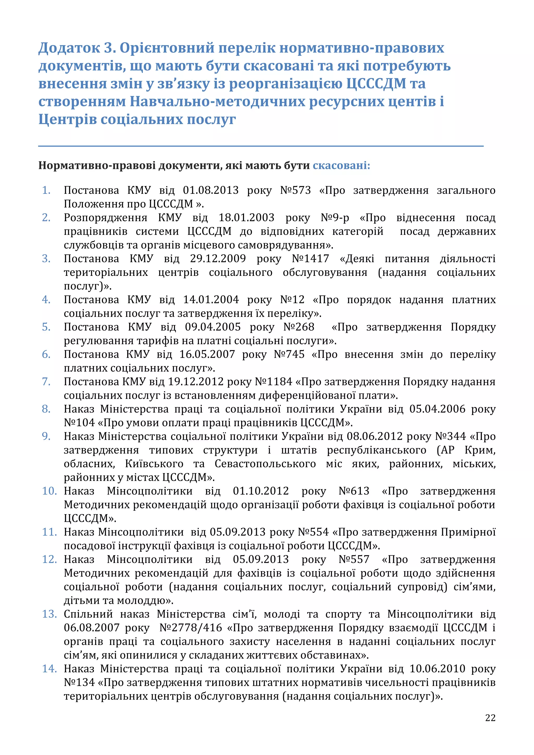 22
Додаток 3. Орієнтовний перелік нормативно-правових
документів, що мають бути скасовані та які потребують
внесення змін у зв’язку із реорганізацією ЦСССДМ та
створенням Навчально-методичних ресурсних центів і
Центрів соціальних послуг
___________________________________________________________________
Нормативно-правові документи, які мають бути скасовані:
1. Постанова КМУ від 01.08.2013 року №573 «Про затвердження загального
Положення про ЦСССДМ ».
2. Розпорядження КМУ від 18.01.2003 року №9-р «Про віднесення посад
працівників системи ЦСССДМ до відповідних категорій посад державних
службовців та органів місцевого самоврядування».
3. Постанова КМУ від 29.12.2009 року №1417 «Деякі питання діяльності
територіальних центрів соціального обслуговування (надання соціальних
послуг)».
4. Постанова КМУ від 14.01.2004 року №12 «Про порядок надання платних
соціальних послуг та затвердження їх переліку».
5. Постанова КМУ від 09.04.2005 року №268 «Про затвердження Порядку
регулювання тарифів на платні соціальні послуги».
6. Постанова КМУ від 16.05.2007 року №745 «Про внесення змін до переліку
платних соціальних послуг».
7. Постанова КМУ від 19.12.2012 року №1184 «Про затвердження Порядку надання
соціальних послуг із встановленням диференційованої плати».
8. Наказ Міністерства праці та соціальної політики України від 05.04.2006 року
№104 «Про умови оплати праці працівників ЦСССДМ».
9. Наказ Міністерства соціальної політики України від 08.06.2012 року №344 «Про
затвердження типових структури і штатів республіканського (АР Крим,
обласних, Київського та Севастопольського міс яких, районних, міських,
районних у містах ЦСССДМ».
10. Наказ Мінсоцполітики від 01.10.2012 року №613 «Про затвердження
Методичних рекомендацій щодо організації роботи фахівця із соціальної роботи
ЦСССДМ».
11. Наказ Мінсоцполітики від 05.09.2013 року №554 «Про затвердження Примірної
посадової інструкції фахівця із соціальної роботи ЦСССДМ».
12. Наказ Мінсоцполітики від 05.09.2013 року №557 «Про затвердження
Методичних рекомендацій для фахівців із соціальної роботи щодо здійснення
соціальної роботи (надання соціальних послуг, соціальний супровід) сім’ями,
дітьми та молоддю».
13. Спільний наказ Міністерства сім’ї, молоді та спорту та Мінсоцполітики від
06.08.2007 року №2778/416 «Про затвердження Порядку взаємодії ЦСССДМ і
органів праці та соціального захисту населення в наданні соціальних послуг
сім’ям, які опинилися у складаних життєвих обставинах».
14. Наказ Міністерства праці та соціальної політики України від 10.06.2010 року
№134 «Про затвердження типових штатних нормативів чисельності працівників
територіальних центрів обслуговування (надання соціальних послуг)».
 