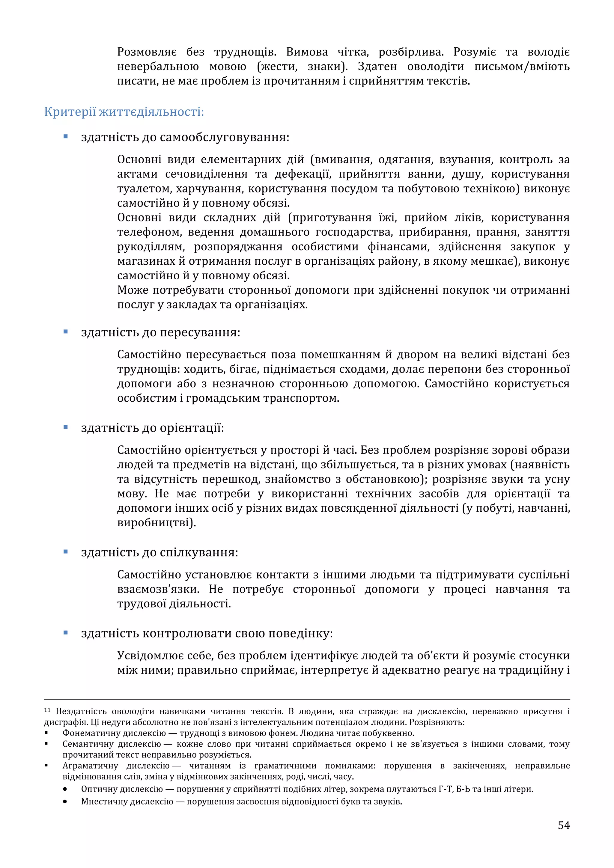 54
Розмовляє без труднощів. Вимова чітка, розбірлива. Розуміє та володіє
невербальною мовою (жести, знаки). Здатен оволодіти письмом/вміють
писати, не має проблем із прочитанням і сприйняттям текстів.
Критерії життєдіяльності:
 здатність до самообслуговування:
Основні види елементарних дій (вмивання, одягання, взування, контроль за
актами сечовиділення та дефекації, прийняття ванни, душу, користування
туалетом, харчування, користування посудом та побутовою технікою) виконує
самостійно й у повному обсязі.
Основні види складних дій (приготування їжі, прийом ліків, користування
телефоном, ведення домашнього господарства, прибирання, прання, заняття
рукоділлям, розпоряджання особистими фінансами, здійснення закупок у
магазинах й отримання послуг в організаціях району, в якому мешкає), виконує
самостійно й у повному обсязі.
Може потребувати сторонньої допомоги при здійсненні покупок чи отриманні
послуг у закладах та організаціях.
 здатність до пересування:
Самостійно пересувається поза помешканням й двором на великі відстані без
труднощів: ходить, бігає, піднімається сходами, долає перепони без сторонньої
допомоги або з незначною сторонньою допомогою. Самостійно користується
особистим і громадським транспортом.
 здатність до орієнтації:
Самостійно орієнтується у просторі й часі. Без проблем розрізняє зорові образи
людей та предметів на відстані, що збільшується, та в різних умовах (наявність
та відсутність перешкод, знайомство з обстановкою); розрізняє звуки та усну
мову. Не має потреби у використанні технічних засобів для орієнтації та
допомоги інших осіб у різних видах повсякденної діяльності (у побуті, навчанні,
виробництві).
 здатність до спілкування:
Самостійно установлює контакти з іншими людьми та підтримувати суспільні
взаємозв’язки. Не потребує сторонньої допомоги у процесі навчання та
трудової діяльності.
 здатність контролювати свою поведінку:
Усвідомлює себе, без проблем ідентифікує людей та об’єкти й розуміє стосунки
між ними; правильно сприймає, інтерпретує й адекватно реагує на традиційну і
11 Нездатність оволодіти навичками читання текстів. В людини, яка страждає на дисклексію, переважно присутня і
дисграфія. Ці недуги абсолютно не пов'язані з інтелектуальним потенціалом людини. Розрізняють:
 Фонематичну дислексію — труднощі з вимовою фонем. Людина читає побуквенно.
 Семантичну дислексію — кожне слово при читанні сприймається окремо і не зв'язується з іншими словами, тому
прочитаний текст неправильно розуміється.
 Аграматичну дислексію — читанням із граматичними помилками: порушення в закінченнях, неправильне
відмінювання слів, зміна у відмінкових закінченнях, роді, числі, часу.
 Оптичну дислексію — порушення у сприйнятті подібних літер, зокрема плутаються Г-Т, Б-Ь та інші літери.
 Мнестичну дислексію — порушення засвоєння відповідності букв та звуків.
 