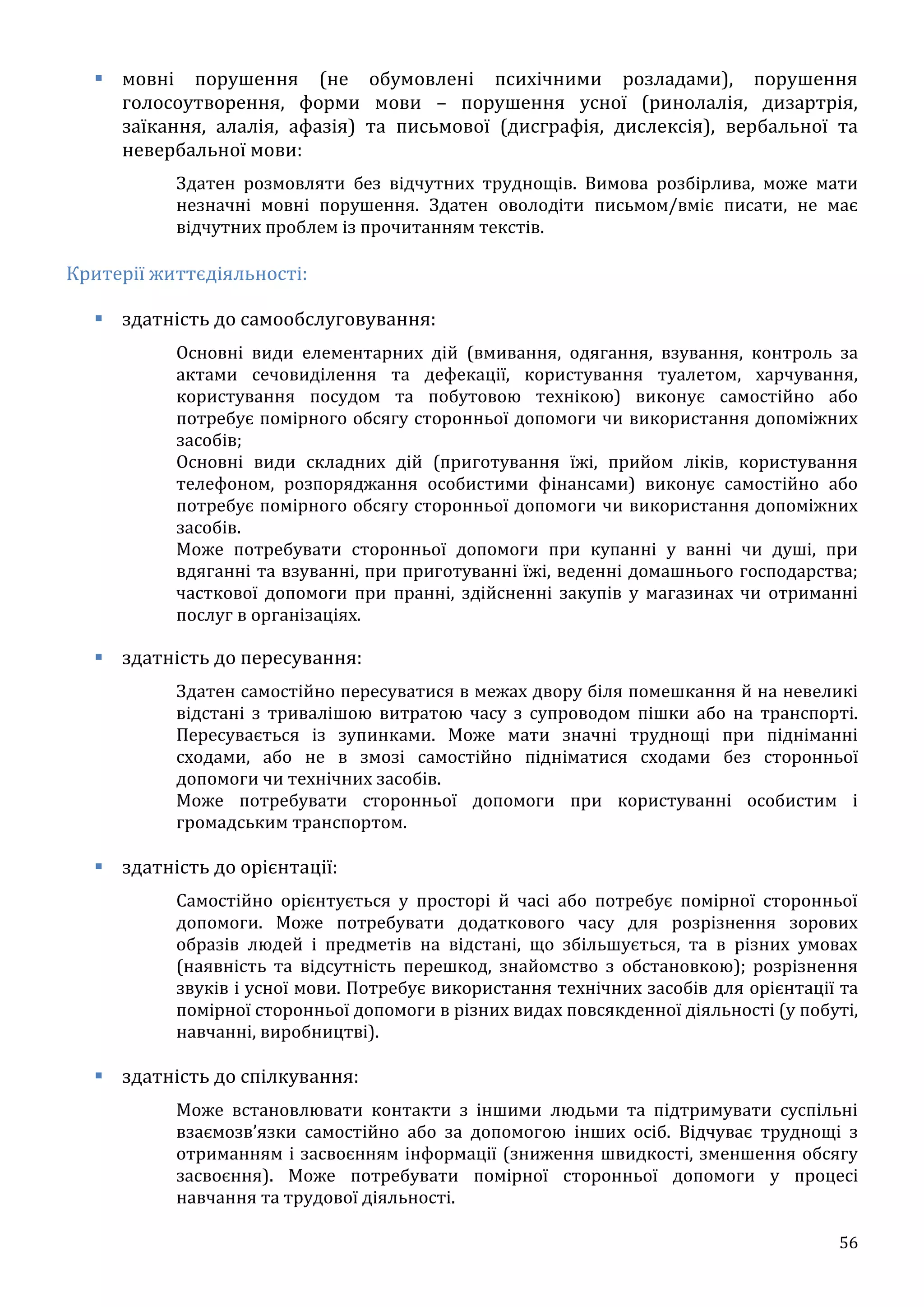 56
 мовні порушення (не обумовлені психічними розладами), порушення
голосоутворення, форми мови – порушення усної (ринолалія, дизартрія,
заїкання, алалія, афазія) та письмової (дисграфія, дислексія), вербальної та
невербальної мови:
Здатен розмовляти без відчутних труднощів. Вимова розбірлива, може мати
незначні мовні порушення. Здатен оволодіти письмом/вміє писати, не має
відчутних проблем із прочитанням текстів.
Критерії життєдіяльності:
 здатність до самообслуговування:
Основні види елементарних дій (вмивання, одягання, взування, контроль за
актами сечовиділення та дефекації, користування туалетом, харчування,
користування посудом та побутовою технікою) виконує самостійно або
потребує помірного обсягу сторонньої допомоги чи використання допоміжних
засобів;
Основні види складних дій (приготування їжі, прийом ліків, користування
телефоном, розпоряджання особистими фінансами) виконує самостійно або
потребує помірного обсягу сторонньої допомоги чи використання допоміжних
засобів.
Може потребувати сторонньої допомоги при купанні у ванні чи душі, при
вдяганні та взуванні, при приготуванні їжі, веденні домашнього господарства;
часткової допомоги при пранні, здійсненні закупів у магазинах чи отриманні
послуг в організаціях.
 здатність до пересування:
Здатен самостійно пересуватися в межах двору біля помешкання й на невеликі
відстані з тривалішою витратою часу з супроводом пішки або на транспорті.
Пересувається із зупинками. Може мати значні труднощі при підніманні
сходами, або не в змозі самостійно підніматися сходами без сторонньої
допомоги чи технічних засобів.
Може потребувати сторонньої допомоги при користуванні особистим і
громадським транспортом.
 здатність до орієнтації:
Самостійно орієнтується у просторі й часі або потребує помірної сторонньої
допомоги. Може потребувати додаткового часу для розрізнення зорових
образів людей і предметів на відстані, що збільшується, та в різних умовах
(наявність та відсутність перешкод, знайомство з обстановкою); розрізнення
звуків і усної мови. Потребує використання технічних засобів для орієнтації та
помірної сторонньої допомоги в різних видах повсякденної діяльності (у побуті,
навчанні, виробництві).
 здатність до спілкування:
Може встановлювати контакти з іншими людьми та підтримувати суспільні
взаємозв’язки самостійно або за допомогою інших осіб. Відчуває труднощі з
отриманням і засвоєнням інформації (зниження швидкості, зменшення обсягу
засвоєння). Може потребувати помірної сторонньої допомоги у процесі
навчання та трудової діяльності.
 