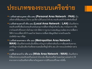 ประเภทของระบบเครือข่าย
 1.เครือข่ายส่วนบุคคล หรือ แพน (Personal Area Network : PAN) เป็น
เครือข่ายที่เชื่อมต่อแบบไร้สาย และใช้งานได้ในระยะใกล้ เช่น คอมพิวเตอร์กับโทรศัพท์เคลื่อนที่
 2.เครือข่ายเฉพาะที่ หรือ แลน (Local Area Network : LAN) เป็นเครือข่าย
คอมพิวเตอร์ซึ่งเชื่อมโยงคอมพิวเตอร์และอุปกรณ์สื่อสารที่อยู่ในท้องถิ่น เช่น ภายในอาคาร หรือ
ภายในองค์กรที่ระยะทางไม่ไกลมากนัก มีอัตราการถูกรบกวนของสัญญาณน้อย สามารถสื่อสาร
ได้ดีกว่าระบบสื่อสารที่กว้างและไกล โดยสามารถสื่อสารข้อมูลได้อย่างรวดเร็วและเกิด
ประสิทธิภาพมากที่สุด
 3.เครือข่ายนครหลวง หรือ แมน (Metropolitan Area Network :
MAN) เป็นเครือข่ายระดับเมืองที่มีขนาดใหญ่กว่าเครือข่ายท้องถิ่น อาจเชื่อมต่อกันหลายๆ
แห่งที่อยู่ภายในเมืองเดียวกันหรือหลายเขตเมืองที่อยู่ใกล้กัน เช่น บริการระบบโทรทัศน์ทางสาย
เคเบิล
 4.เครือข่ายวงกว้าง หรือ แวน (Wide Area Network : WAN) เป็นเครือข่าย
ที่เชื่อมโยงระบบคอมพิวเตอร์ในระยะห่างไกล เช่น เชื่อมโยงเครือข่ายแลนในตาแหน่งต่างๆ ให้
สามารถทางานเป็นเครือข่ายที่ขนาดใหญ่และทางานได้ในระยะที่ไกลมากยิ่งขึ้น
 
