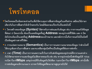 โพรโทคอล
โพรโทคอลเป็นข้อตกลงร่วมกันเพื่อใช้ควบคุมการสื่อสารข้อมูลในเครือข่าย เสมือนใช้ภาษา
เดียวกันในการสื่อสารให้เข้าใจตรงกัน โดยมีข้อตกลงเกี่ยวกับเรื่องต่อไปนี้
1. โครงสร้างของข้อมูล (Syntex) ใช้สาหรับการส่งและรับข้อมูล เช่น การกาหนดให้ข้อมูล
ที่ส่งมา 8 บิตแรกนั้น ต้องเป็นเลขข้อมูลที่อยู่ Address ของอุปกรณ์ที่ใช้ส่ง และ 8 บิต
ถัดไปจะต้องเป็นเลขที่อยู่ Addressของเป้ าหมาย และหลังจากนั้นจึงกาหนดให้เป็นบิตที่
เป็นข้อมูลข่าวสารที่ใช้ส่ง
2. การแปลความหมาย (Semantics) เป็นการกาหนดความหมายของข้อมูล ว่าส่วนใดที่
ใช้ระบุเส้นทางในการสื่อสาร และจะเหลือกลุ่มบิตที่จะเป็นข้อมูลที่ต้องการส่งจริง
3. เวลา (Time) เป็นการกาหนดความเร็วในการรับส่งข้อมูลของอุปกรณ์ที่ทางานแตกต่าง
กันให้สามารถทางานและข้อมูลไม่เสียหายขณะรับ-ส่ง เช่น หากอุปกรณ์หนึ่งส่งข้อมูลได้ 100เม
กะบิต/1วินาทีMbps แต่อุปกรณ์ที่รับข้อมูลรับได้เพียง 1เมกะบิต/1วินาทีMbps เท่านั้นซึ่ง
การส่งข้อมูลจะมีจานวนมาก อาจทาให้ข้อมูลที่ส่งมาอาจสูญหายไปได้
 