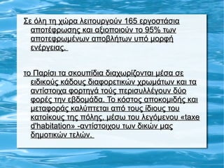 Σε όλη τη χώρα λειτουργούν 165 εργοστάσιαΣε όλη τη χώρα λειτουργούν 165 εργοστάσια
αποτέφρωσης και αξιοποιούν το 95% τωναποτέφρωσης και αξιοποιούν το 95% των
αποτεφρωμένων αποβλήτων υπό μορφήαποτεφρωμένων αποβλήτων υπό μορφή
ενέργειας.ενέργειας.
το Παρίσι τα σκουπίδια διαχωρίζονται μέσα σετο Παρίσι τα σκουπίδια διαχωρίζονται μέσα σε
ειδικούς κάδους διαφορετικών χρωμάτων και ταειδικούς κάδους διαφορετικών χρωμάτων και τα
αντίστοιχα φορτηγά τούς περισυλλέγουν δύοαντίστοιχα φορτηγά τούς περισυλλέγουν δύο
φορές την εβδομάδα. Το κόστος αποκομιδής καιφορές την εβδομάδα. Το κόστος αποκομιδής και
μεταφοράς καλύπτεται από τους ίδιους τουμεταφοράς καλύπτεται από τους ίδιους του
κατοίκους της πόλης, μέσω του λεγόμενου «taxeκατοίκους της πόλης, μέσω του λεγόμενου «taxe
d'habitation» -αντίστοιχου των δικών μαςd'habitation» -αντίστοιχου των δικών μας
δημοτικών τελών.δημοτικών τελών.
 