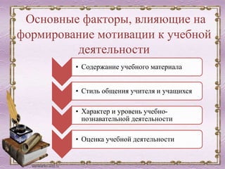 Основные факторы, влияющие на
формирование мотивации к учебной
деятельности
• Содержание учебного материала
• Стиль общения учителя и учащихся
• Характер и уровень учебно-
познавательной деятельности
• Оценка учебной деятельности
 