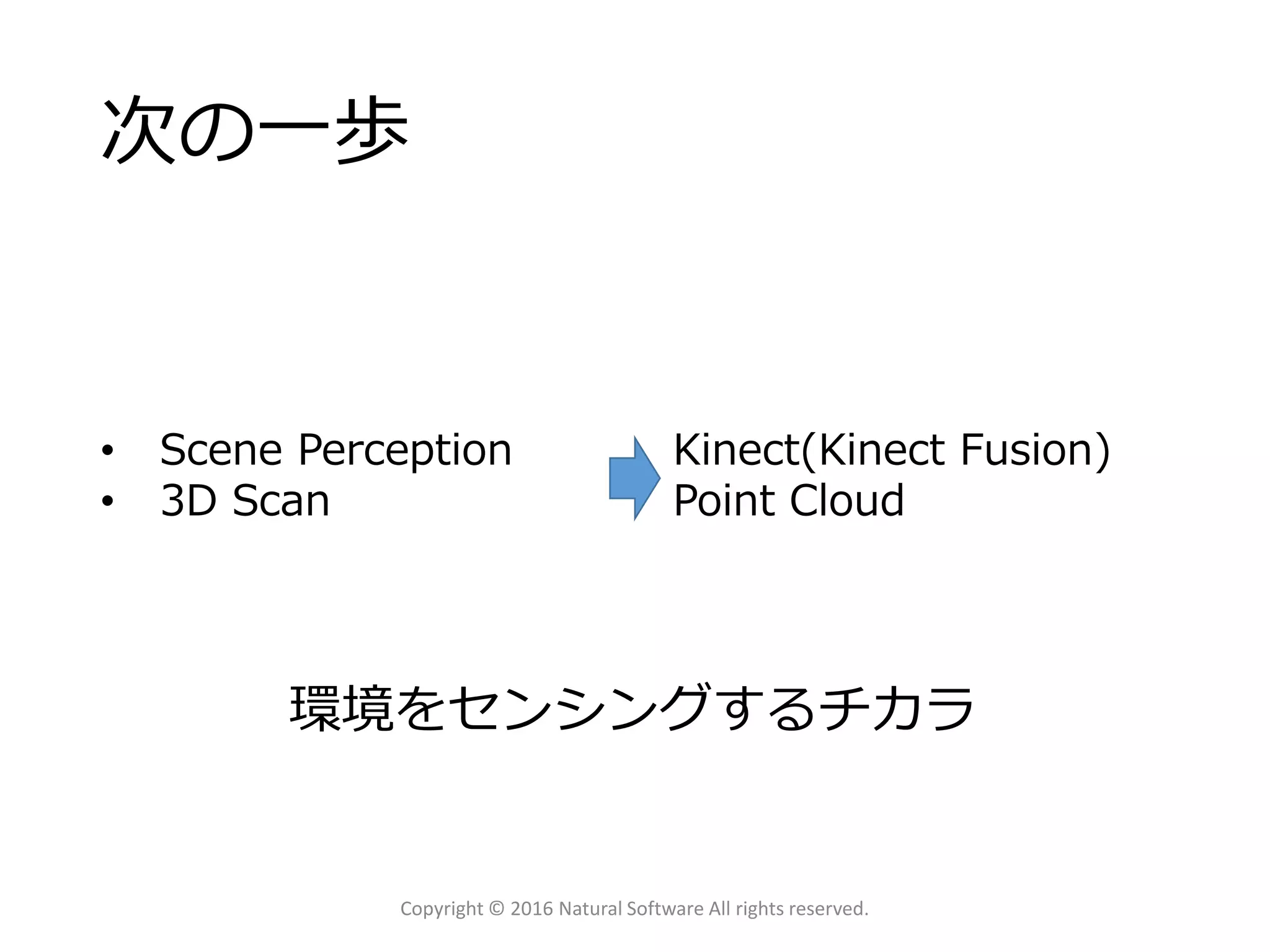 次の一歩
Copyright © 2016 Natural Software All rights reserved.
• Scene Perception
• 3D Scan
環境をセンシングするチカラ
Kinect(Kinect Fusion)
Point Cloud
 