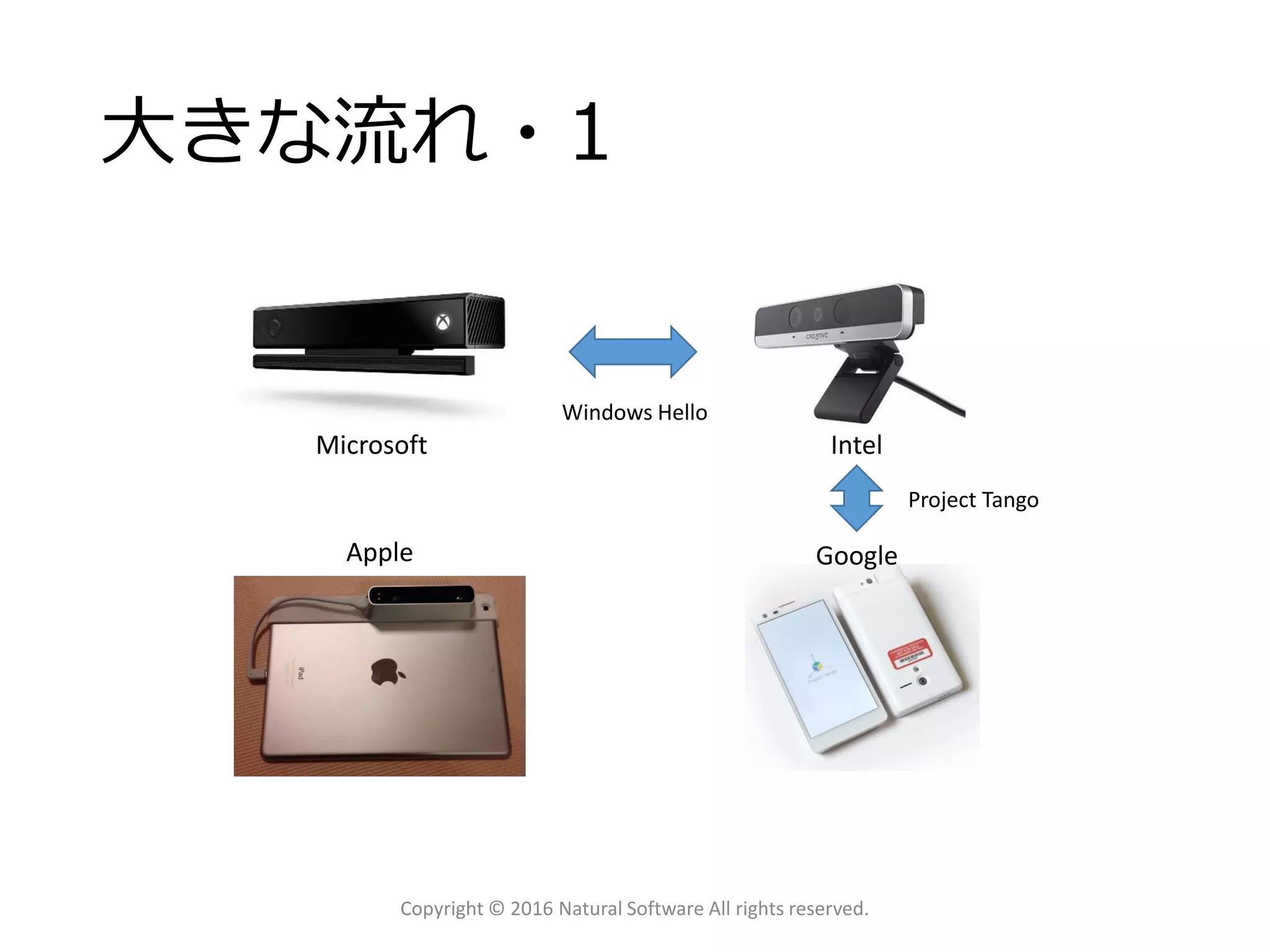 大きな流れ・1
Copyright © 2016 Natural Software All rights reserved.
Microsoft Intel
Apple Google
Windows Hello
Project Tango
 