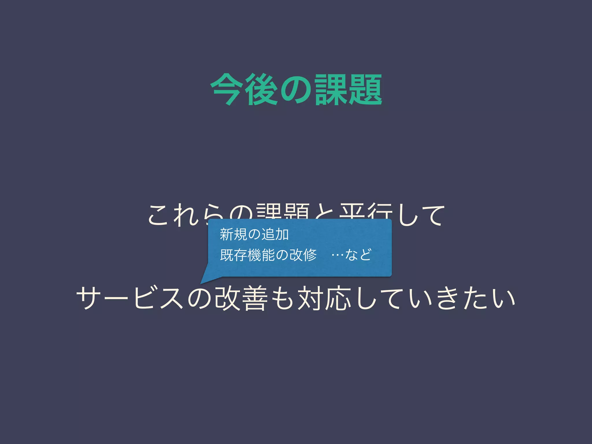 今後の課題
これらの課題と平行して
サービスの改善も対応していきたい
新規の追加
既存機能の改修 …など
 