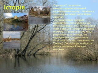 Случ ще в І тисячолітті
використовували як водний
шлях(свідчення цьому – знахідки у
заплаві річки монет часів Марка
Аврелія).
На лівому березі існувало
давньоруське місто Болохів, що
було зруйноване. Син Литовського
князя Гедиміна Любарт відбудував
містечко. Пізніше на цьому місці
розрослося ціле селище, яке
перебувало у володінні князів
Острозьких (Любар став належати
Польщі). До цієї пори на берегах
річки залишилися історичні
пам'ятки.
 