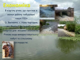 Економіка
В відрізку річки, що протікає в
межах району побудовані
«малі ГЕС»
(с. Вигнанка, с. Нова Чортория,
смт. Любар), які виробляють
енергію для місцевої економіки.
Річкова вода використовується у
побуті та сільському
господарстві.
 