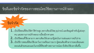 ข้อดีและข้อจากัดของการสอนโดยใช้สถานการณ์จาลอง
1. เป็นวิธีสอนที่ต้องใช้ค่าใช้จ่ายสูง เพราะต้องมีวัสดุ อุปกรณ์ และข้อมูลสาหรับผู้เล่นทุก
คน และสถานการณ์จาลองบางเรื่องมีราคาแพง
2. เป็นวิธีสอนที่ใช้เวลามาก เพราะต้องให้เวลาแก่ผู้เล่นในการเล่นและการอภิปราย
3. เป็นวิธีการสอนที่ต้องใช้เวลาในการเตรียมการมาก ผู้สอนต้องศึกษารายละเอียดและ
ลองเล่นด้วยตนเองและในกรณีที่ต้องสร้างสถานการณ์เอง ยิ่งต้องใช้เวลาเพิ่มขึ้น
ข้อจากัด
 