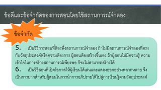 ข้อดีและข้อจากัดของการสอนโดยใช้สถานการณ์จาลอง
5. เป็นวิธีการสอนที่ต้องพึ่งสถานการณ์จาลอง ถ้าไม่มีสถานการณ์จาลองที่ตรง
กับวัตถุประสงค์หรือความต้องการ ผู้สอนต้องสร้างขึ้นเอง ถ้าผู้สอนไม่มีความรู้ ความ
เข้าใจในการสร้างสถานการณ์เพียงพอ ก็จะไม่สามารถสร้างได้
6. เป็นวิธีสอนที่เปิดโอกาสให้ผู้เรียนได้เล่นและแสดงออกอย่างหลากหลาย จึง
เป็นการยากสาหรับผู้สอนในการนาการอภิปรายให้ไปสู่การเรียนรู้ตามวัตถุประสงค์
ข้อจากัด
 