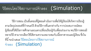 วิธีสอนโดยใช้สถานการณ์จาลอง (Simulation)
วิธีการสอน เป็นขั้นตอนที่ผู้สอนดาเนินการเพื่อให้ผู้เรียนได้เกิดการเรียนรู้
ตามวัตถุประสงค์ที่กาหนดไว้ ด้วยวิธีการที่แตกต่างกัน จากประสบการณ์ของ
ผู้เขียนที่ได้มีโอกาสศึกษาและแลกเปลี่ยนเรียนรู้กับเพื่อนร่วมงาน พบวิธีการสอนมี
หลายวิธี สามารถเลือกใช้ได้ตามความเหมาะสมกับเนื้อหาสาระและผู้เรียน ซึ่งใน
ที่นี้จะนาเสนอ วิธีสอนโดยการใช้สถานการณ์
จาลอง (Simulation)
 