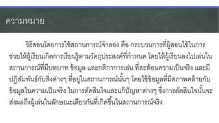 ความหมาย
วิธีสอนโดยการใช้สถานการณ์จาลอง คือ กระบวนการที่ผู้สอนใช้ในการ
ช่วยให้ผู้เรียนเกิดการเรียนรู้ตามวัตถุประสงค์ที่กาหนด โดยให้ผู้เรียนลงไปเล่นใน
สถานการณ์ที่มีบทบาท ข้อมูล และกติกาการเล่น ที่สะท้อนความเป็นจริง และมี
ปฏิสัมพันธ์กับสิ่งต่างๆ ที่อยู่ในสถานการณ์นั้นๆ โดยใช้ข้อมูลที่มีสภาพคล้ายกับ
ข้อมูลในความเป็นจริง ในการตัดสินใจและแก้ปัญหาต่างๆ ซึ่งการตัดสินใจนั้นจะ
ส่งผลถึงผู้เล่นในลักษณะเดียวกันที่เกิดขึ้นในสถานการณ์จริง
 