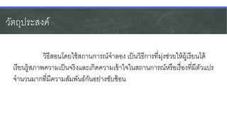 วัตถุประสงค์
วิธีสอนโดยใช้สถานการณ์จาลอง เป็นวิธีการที่มุ่งช่วยให้ผู้เรียนได้
เรียนรู้สภาพความเป็นจริงและเกิดความเข้าใจในสถานการณ์หรือเรื่องที่มีตัวแปร
จานวนมากที่มีความสัมพันธ์กันอย่างซับซ้อน
 