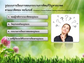 รูปแบบการเรียนการสอนกระบวนการคิดแก้ปัญหาอนาคต
ตามแนวคิดของ ทอร์แรนซ์ (Torrance’s Future Problem Solving Instructional Model)
ก. ทฤษฎี/หลักการ/แนวคิดของรูปแบบ
ข. วัตถุประสงค์ของรูปแบบ
ค. กระบวนการเรียนการสอนของรูปแบบ
ง. ผลที่ผู้เรียนจะได้รับจากการเรียนตามรูปแบบ
 