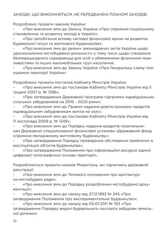 10
ЗАХОДИ, ЩО ВИКОНУЮТЬСЯ, НЕ ПЕРЕДБАЧЕНІ ПЛАНОМ ЗАХОДІВ:
Розроблено проекти законів України:
-	 «Про внесення змін до Закону України «Про сприяння соціальному
становленню та розвитку молоді в Україні»;
-	 «Про запобігання впливу світової фінансової кризи на розвиток
будівельної галузі та житлового будівництва»;
-	 «Про внесення змін до деяких законодавчих актів України щодо
удосконалення містобудівної діяльності» у тому числі щодо створення
безперешкодного середовища для осіб з обмеженими фізичними мож-
ливостями та інших маломобільних груп населення;
-	 «Про внесення змін до Закону України «Про Генеральну схему пла-
нування території України»
Розроблено проекти постанов Кабінету Міністрів України:
-	 «Про внесення змін до постанови Кабінету Міністрів України від 5
грудня 2007 р. № 1396»;
-	 «Про затвердження Державної програми підтримки індивідуальних
сільських забудовників на 2016 - 2020 роки»;
-	 «Про внесення змін до Правил надання довгострокових кредитів
індивідуальним забудовникам житла на селі»;
-	 «Про внесення змін до постанови Кабінету Міністрів України від
11 листопада 2009 р. № 1249»;
-	 «Про внесення змін до Порядку надання кредитів позичальни-
кам Державної спеціалізованої фінансової установи «Державний фонд
сприяння молодіжному житловому будівництву»;
-	 «Про затвердження Порядку проведення обстеження прийнятих в
експлуатацію об’єктів будівництва»;
-	 «Про затвердження Положення про інформаційні ресурси єдиної
цифрової топографічної основи території».
Розробляються проекти наказів Мінрегіону, які підлягають державній
реєстрації:
-	 «Про внесення змін до Типового положення про архітектур-
но-містобудівні ради»;
-	 «Про внесення змін до Порядку розроблення містобудівної доку-
ментації»;
-	 «Про внесення змін до наказу від 27.12.1993 № 245 «Про
затвердження Положення про експериментальне будівництво»;
-	 «Про внесення змін до наказу від 05.07.2011 № 103 «Про
затвердження Порядку видачі будівельного паспорта забудови земель-
ної ділянки»;
 