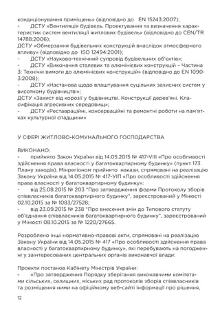 12
кондиціонування приміщень» (відповідно до EN 15243:2007);
-	 ДСТУ «Вентиляція будівель. Проектування та визначення харак-
теристик систем вентиляції житлових будівель» (відповідно до CEN/TR
14788:2006);
ДСТУ «Обмерзання будівельних конструкцій внаслідок атмосферного
впливу» (відповідно до ISO 12494:2001);
-	 ДСТУ «Науково-технічний супровід будівельних об’єктів»;
-	 ДСТУ «Виконання сталевих та алюмінієвих конструкцій – Частина
3: Технічні вимоги до алюмінієвих конструкцій» (відповідно до EN 1090-
3:2008);
-	 ДСТУ «Настанова щодо влаштування суцільних захисних систем у
висотному будівництві»;
ДСТУ «Захист від корозії у будівництві. Конструкції дерев’яні. Кла-
сифікація агресивних середовищ»;
-	 ДСТУ «Реставраційні, консерваційні та ремонтні роботи на пам’ят-
ках культурної спадщини»
У СФЕРІ ЖИТЛОВО-КОМУНАЛЬНОГО ГОСПОДАРСТВА
ВИКОНАНО:
-	 прийнято Закон України від 14.05.2015 № 417-VIII «Про особливості
здійснення права власності у багатоквартирному будинку» (пункт 173
Плану заходів). Мінрегіоном прийнято накази, спрямовані на реалізацію
Закону України від 14.05.2015 № 417-УІП «Про особливості здійснення
права власності у багатоквартирному будинку»:
-	 від 25.08.2015 № 203 “Про затвердження форми Протоколу зборів
співвласників багатоквартирного будинку”, зареєстрований у Мінюсті
02.10.2015 за № 1083/27528;
-	 від 23.09.2015 № 238 “Про внесення змін до Типового статуту
об’єднання співвласників багатоквартирного будинку”, зареєстрований
у Мінюсті 08.10.2015 за № 1220/27665.
Розроблено інші нормативно-правові акти, спрямовані на реалізацію
Закону України від 14.05.2015 № 417 «Про особливості здійснення права
власності у багатоквартирному будинку», які перебувають на погоджен-
ні у заінтересованих центральних органів виконавчої влади:
Проекти постанов Кабінету Міністрів України:
-	 «Про затвердження Порядку зберігання виконавчими комітета-
ми сільських, селищних, міських рад протоколів зборів співвласників
та розміщення ними на офіційному веб-сайті інформації про рішення,
 