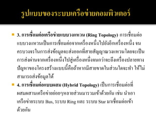  3. การเชื่อมต่อเครือข่ายแบบวงแหวน(Ring Topology) การเชื่อมต่อ
แบบวงแหวนเป็นการเชื่อมต่อจากเครื่องหนึ่งไปยังอีกเครื่องหนึ่ง จน
ครบวงจรในการส่งข้อมูลจะส่งออกที่สายสัญญาณวงแหวนโดยจะเป็น
การส่งผ่านจากเครื่องหนึ่งไปสู่เครื่องหนึ่งจนกว่าจะถึงเครื่องปลายทาง
ปัญหาของโครงสร้างแบบนี้คือถ้าหากมีสายขาดในส่วนใดจะทา ให้ไม่
สามารถส่งข้อมูลได้
 4. การเชื่อมต่อแบบผสม (Hybrid Topology) เป็นการเชื่อมต่อที่
ผสมผสานเครือข่ายย่อยๆหลายส่วนมารวมเข้าด้วยกัน เช่น นาเอา
เครือข่ายระบบ Bus, ระบบ Ring และ ระบบ Star มาเชื่อมต่อเข้า
ด้วยกัน
 