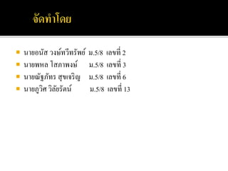 นายอนัส วงษ์ทวีทรัพย์ ม.5/8 เลขที่ 2
 นายพหล โสภาพงษ์ ม.5/8 เลขที่ 3
 นายณัฐภัทร สุขเจริญ ม.5/8 เลขที่ 6
 นายภูวิศ วิลัยรัตน์ ม.5/8 เลขที่ 13
 