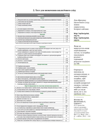 2. Тест для визначення екологічного сліду
Для обрахунку
екологічного сліду
можна
скористатись
Інтернет-сайтами:
http://myfootprint.
org/ru,
http://myfootprint.
org/en
Якщо ви
користуєтесь вище
опублікованим
тестом, то потрібно
підсумувати
розділи і
отриманий
результат поділити
на 100.
Отримаєте
відповідь на
питання скільки га
земної поверхні
потрібно, щоб
задовольнити
потреби конкретної
людини, і скільки
потрібно планет,
якби усі люди
жили, як ті, хто
пройшли тест.
За матеріалами
Пометун О.,
Пилипчатіна Л.,
Сущенко І.
П 55 Уроки для
сталого розвитку :
навчальний посібник
для учнів 8-го класу
загальноосвітніх шкіл.
Вид. 2-ге. Випр. і доп. –
Д. : «ЛІРА», 2013. – 116
с.
 
