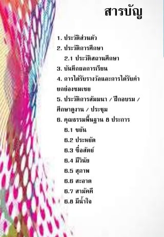 สารบัญ
1. ประวัติส่วนตัว
2. ประวัติการศึกษา
2.1 ประวัติสถานศึกษา
3. บันทึกผลการเรียน
4. การได้รับรางวัลและการได้รับคา
ยกย่องชมเชย
5. ประวัติการสัมมนา / ฝึกอบรม /
ศึกษาดูงาน / ประชุม
6. คุณธรรมพื้นฐาน 8 ประการ
6.1 ขยัน
6.2 ประหยัด
6.3 ซื่อสัตย์
6.4 มีวินัย
6.5 สุภาพ
6.6 สะอาด
6.7 สามัคคี
6.8 มีน้าใจ
 