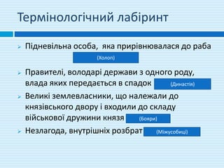 Термінологічний лабіринт
 Підневільна особа, яка прирівнювалася до раба
 Правителі, володарі держави з одного роду,
влада яких передається в спадок
 Великі землевласники, що належали до
князівського двору і входили до складу
військової дружини князя
 Незлагода, внутрішніх розбрат
(Холоп)
(Династія)
(Бояри)
(Міжусобиці)
 
