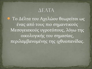  Το Δέλτα του Αχελώου θεωρείται ως 
ένας από τους πιο σημαντικούς 
Μεσογειακούς υγροτόπους, λόγω της 
οικολογικής του σημασίας, 
περιλαμβανομένης της ιχθυοπανίδας.
 