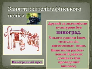 Другий за значимістю
культурою був
виноград.
З нього сушили ізюм,
тиснули сік,
виготовляли вино.
Вино пили разбав-
леним.В деяких
домівках був
проведений
виновод.
Виноградный прес
 