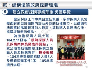 貳
鑒於採購工作專業且責任繁重，承辦採購人員常
需面對來自於機關內部及外部的各種壓力，且遭遇司
法調查的風險較其他人員高，致採購人員無法久任，
採購經驗無法傳承。
5 建立政府採購專業形象 獎優舉賢
貳、建構優質政府採購環境
為 激 勵 採 購 人 員 士 氣 ，
104.2.11發布「模範採購人員
及採購案件獎勵表揚要點」，
就足堪為各機關辦理採購之模
範人員及採購案件，擇優表揚
。104年表揚模範採購人員5人
及模範採購案件1案，105年將
續行辦理。 11
行
政
院
行
政
院
第
3486次
院
會
會
議
E8E479B54A0D3BDE
 