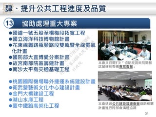 協助處理重大專案13
肆肆、提升公共工程進度及品質
31
國道一號五股至楊梅段拓寬工程
國立海洋科技博物館計畫
花東線鐵路瓶頸路段雙軌暨全線電氣
化計畫
國防部大直博愛分案計畫
故宮南部院區籌建計畫
南沙太平島交通基礎工程
桃園國際機場聯外捷運系統建設計畫
衛武營藝術文化中心建設計畫
金門大橋建設工程
湖山水庫工程
臺中鐵路高架化工程
本會共召開7次「協助故宮南院開館
試營運前整備專案會報」
本會透過公共建設督導會報協助相關
計畫進行跨部會溝通協調
行
政
院
行
政
院
第
3486次
院
會
會
議
E8E479B54A0D3BDE
 