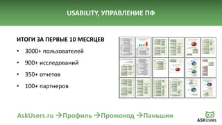 USABILITY, УПРАВЛЕНИЕ ПФ
ИТОГИ ЗА ПЕРВЫЕ 10 МЕСЯЦЕВ
• 3000+ пользователей
• 900+ исследований
• 350+ отчетов
• 100+ партнеров
AskUsers.ru Профиль Промокод Паньшин
 