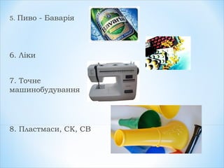 5. Пиво - Баварія
6. Ліки
7. Точне
машинобудування
8. Пластмаси, СК, СВ
 