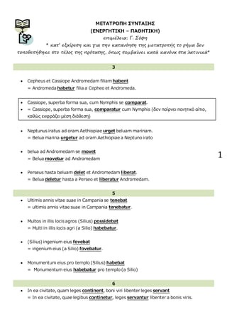 1
ΜΕΤΑΤΡΟΠΗ ΣΥΝΤΑΞΗΣ
(ΕΝΕΡΓΗΤΙΚΗ – ΠΑΘΗΤΙΚΗ)
επιμέλεια: Γ. Σόφη
* κατ’ εξαίρεση και για την κατανόηση της μετατροπής το ρήμα δεν
τοποθετήθηκε στο τέλος της πρότασης, όπως συμβαίνει κατά κανόνα στα λατινικά*
3
 Cepheus et Cassiope Andromedam filiam habent
= Andromeda habetur filia a Cepheo et Andromeda.
 Cassiope, superba forma sua, cum Nymphis se comparat.
 = Cassiope, superba forma sua, comparatur cum Nymphis (δεν παίρνει ποιητικό αίτιο,
καθώς εκφράζει μέση διάθεση)
 Neptunus iratus ad oram Aethiopiae urget beluam marinam.
= Belua marina urgetur ad oram Aethiopiae a Neptuno irato
 belua ad Andromedam se movet
= Belua movetur ad Andromedam
 Perseus hasta beluam delet et Andromedam liberat.
= Belua deletur hasta a Perseo et liberatur Andromedam.
5
 Ultimis annis vitae suae in Campania se tenebat
= ultimis annis vitae suae in Campania tenebatur.
 Multos in illis locis agros (Silius) possidebat
= Multi in illis locis agri (a Silio) habebatur.
 (Silius) ingenium eius fovebat
= ingenium eius (a Silio) fovebatur.
 Monumentum eius pro templo (Silius) habebat
= Monumentum eius habebatur pro templo (a Silio)
6
 In ea civitate, quam leges continent, boni viri libenter leges servant
= In ea civitate, quae legibus continetur, leges servantur libenter a bonis viris.
 